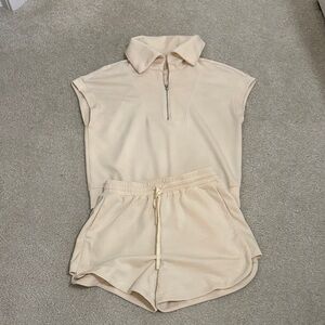 Cream Sleeveless Zip-Up Top and Shorts Set